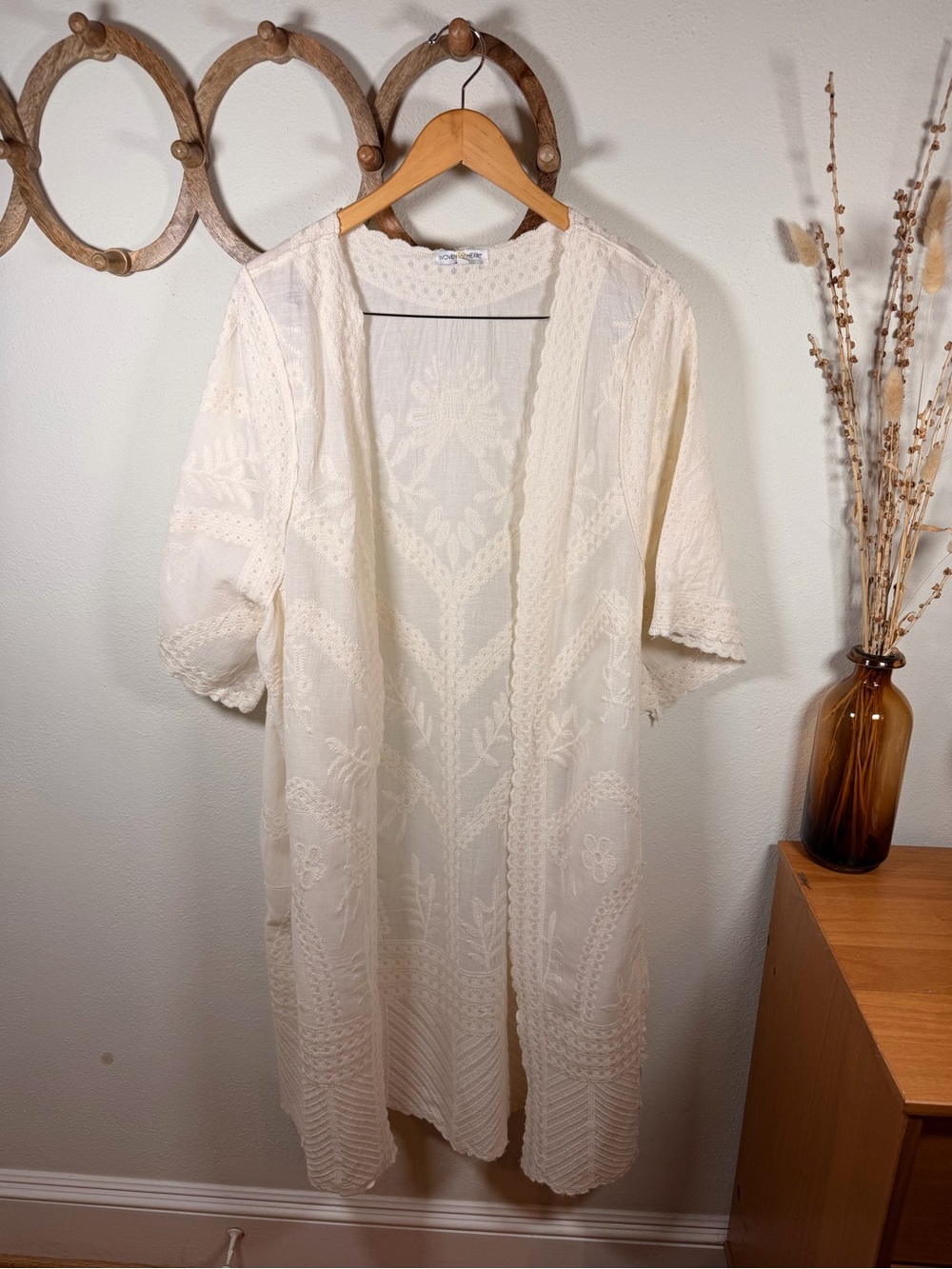Woven Heart Embroidered Cotton Kimono Duster One Size Ivory Boho